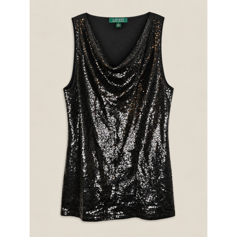 Lauren Ralph Lauren Black Sequin Cowl Neck Sleeveless Top Large Holiday Party